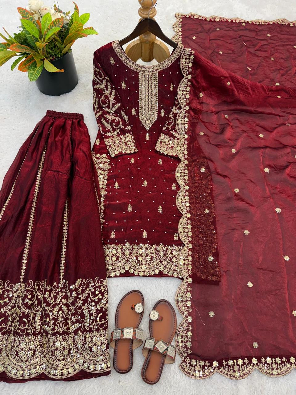 Fendi Silk Embroidery Work Designer Kurti Sharara Dupatta Set