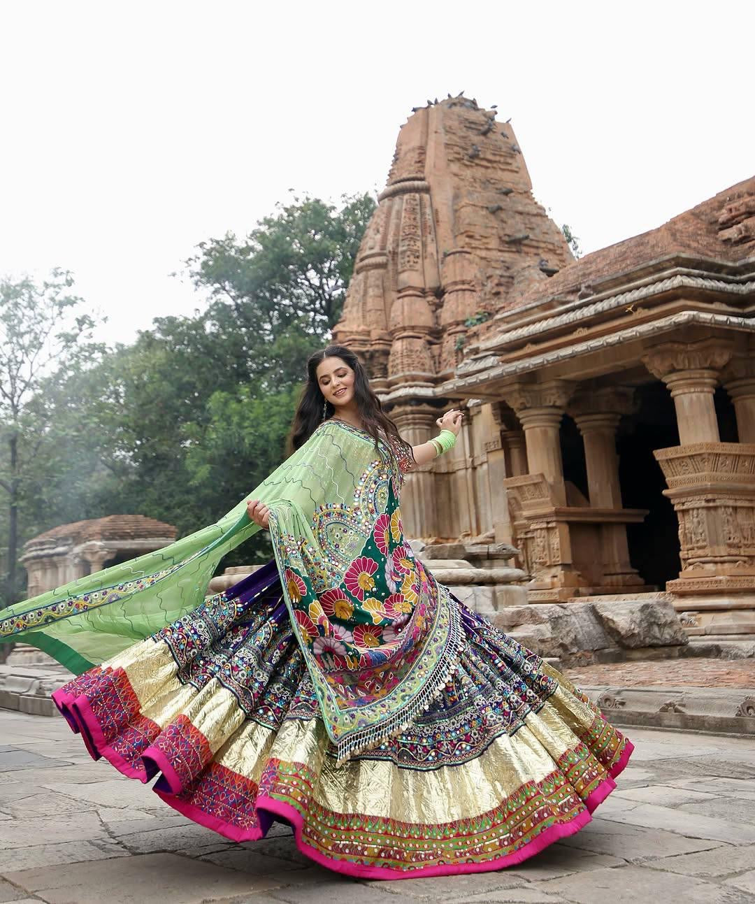 Designer Chaniya Choli | Muslin Digital Print Mirror Work & Lampi Lace