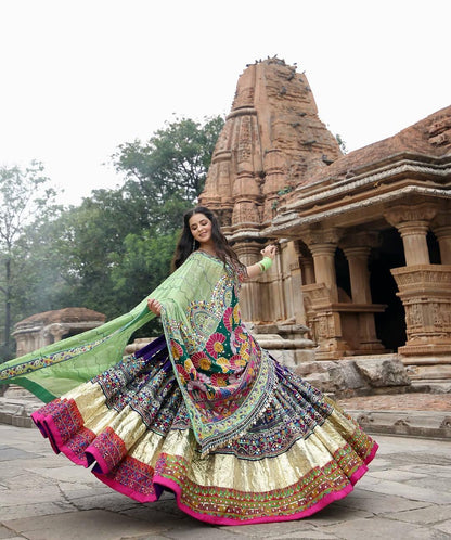 Designer Chaniya Choli | Muslin Digital Print Mirror Work & Lampi Lace