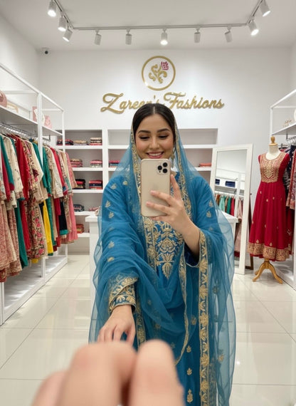 Chinon Silk Sequence Embroidery Work Eid Special Desinger Kurti Pant Dupatta Set (ready to wear)