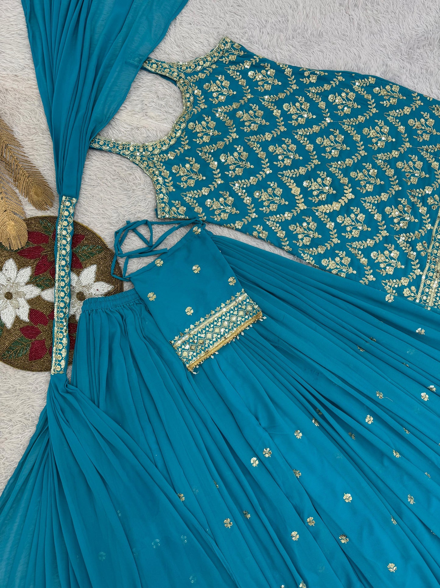 Faux Georgette Sequence Embroidery Work Sleeveless Kurti Sharara Dupatta with Bag Set(Ready to Wear)