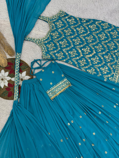 Faux Georgette Sequence Embroidery Work Sleeveless Kurti Sharara Dupatta with Bag Set(Ready to Wear)