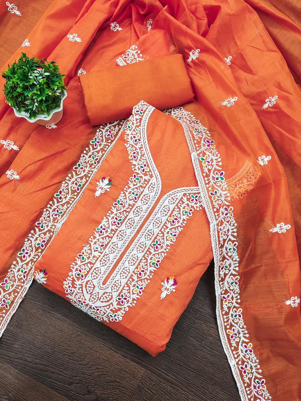 Heavy Chanderi Neck Embroidery work Dress Material (Unstitched) - Premium  from Ethenika.com  - Just INR 0! Shop now at Ethenika.com 