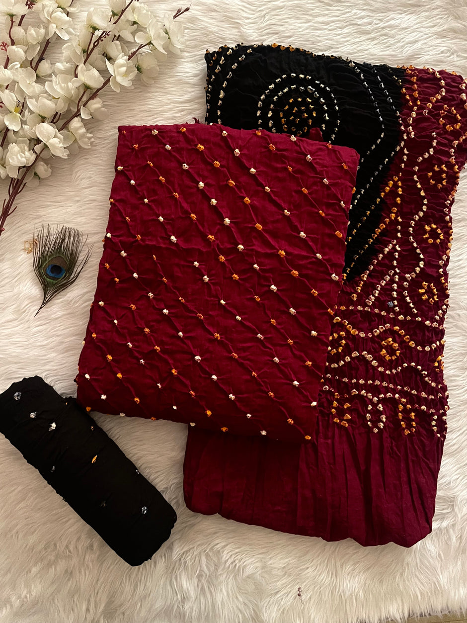 Heavy Modal Ghazi Silk Barik Bandhej work Bandhani Dress Material (Unstitched)