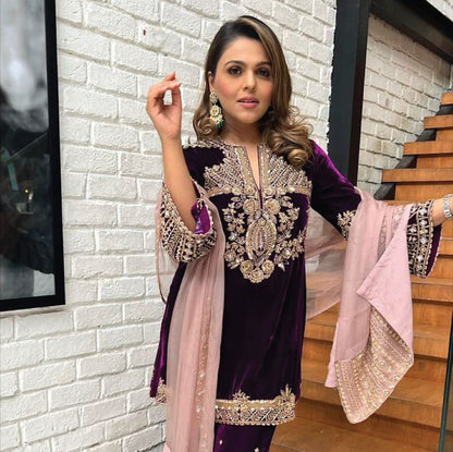 Sequence 5mm Embroidery Work Winter Special Designer Velvet Kurti Pant Dupatta Set (Ready To Wear)