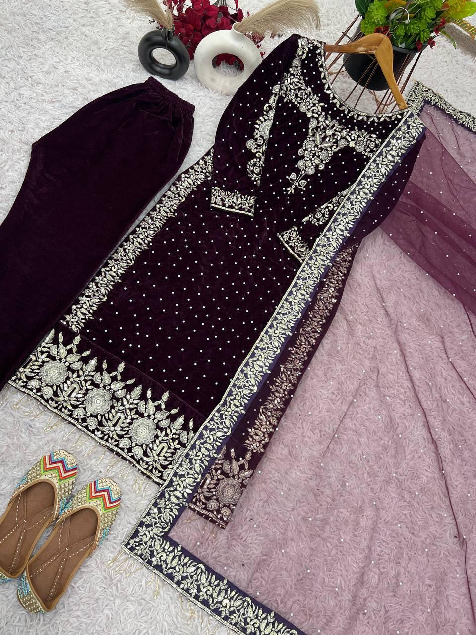 Ethenika Moti Work Designer Ready to Wear Velvet Kurti Pant Dupatta Set