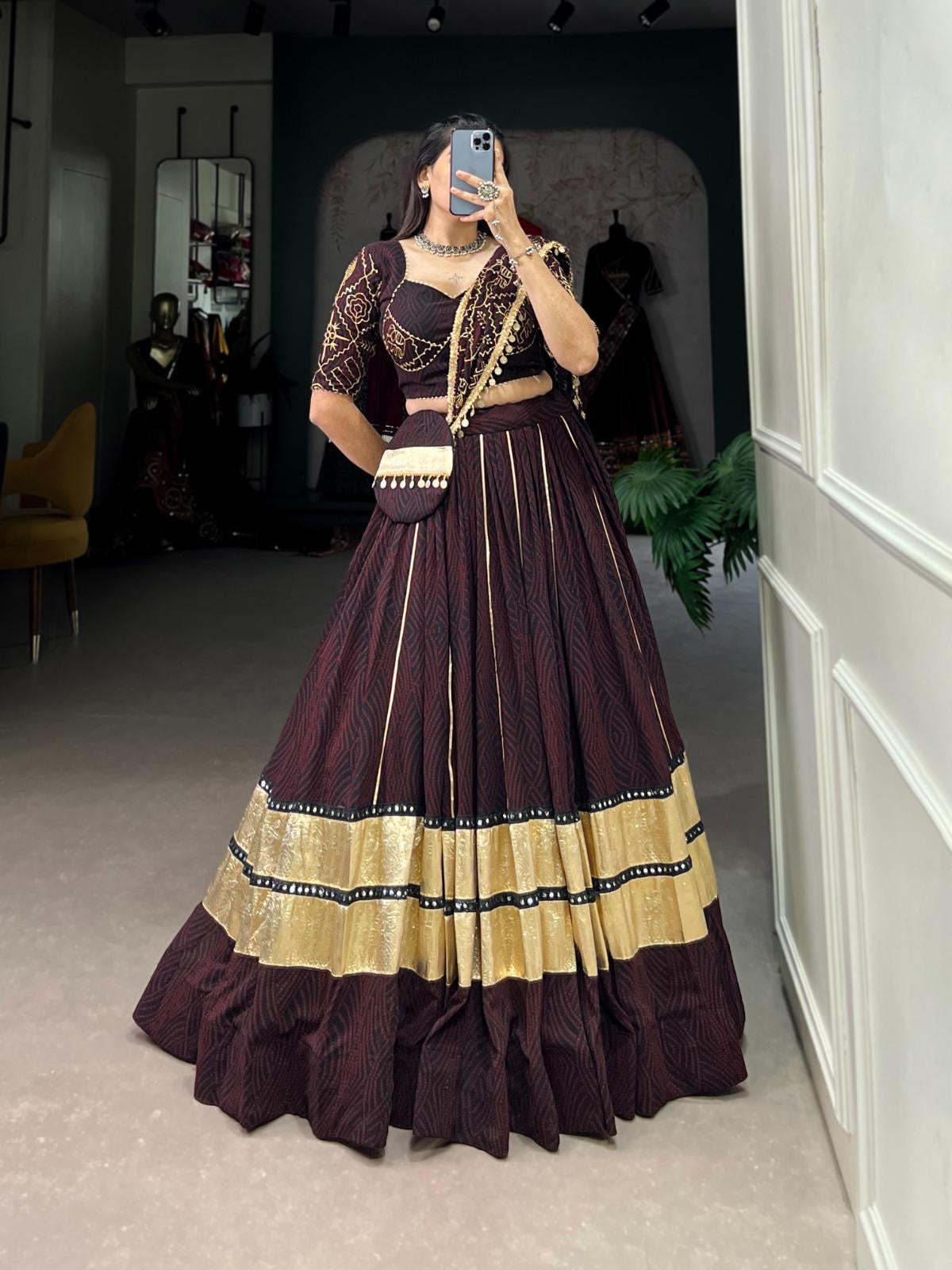 Georgette Bandhej Print with Embossed Print Mirror Work Designer Chaniya Choli (Ready to Wear)with Purse