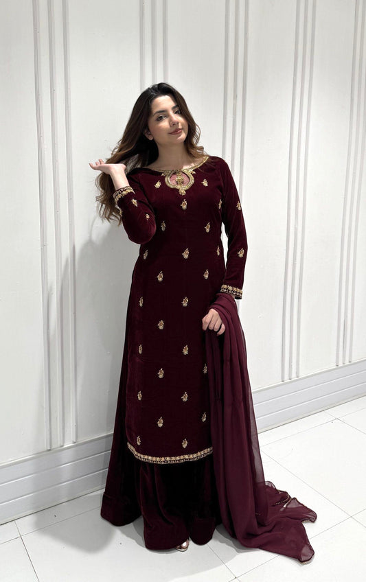 Ethenika Originals Sequence Embroidery Work Velvet Kurti Palazzo Dupatta Set (Ready To Wear)