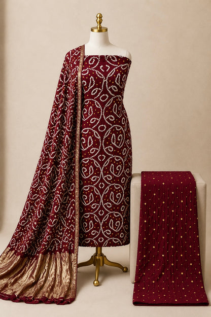 Modal Silk Authentic Handmade Shikari Design 3Pc Unstitched Bandhani Dress Material