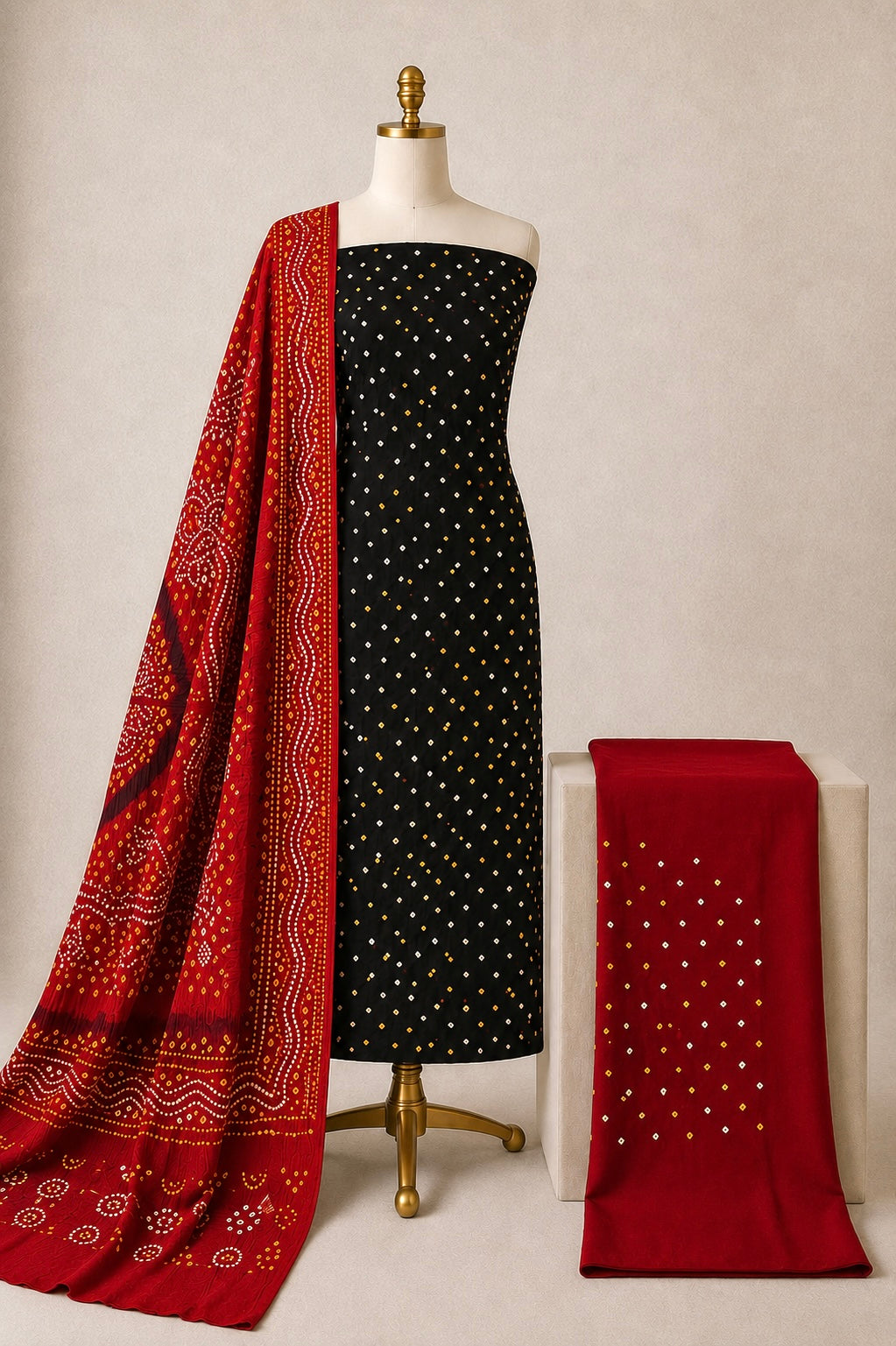 Cotton Black Unstitched Bandhani Dress Material