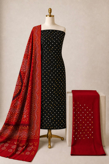 Cotton Black Unstitched Bandhani Dress Material