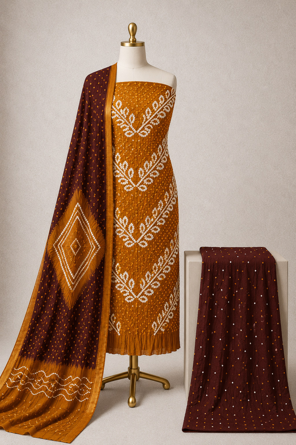 Traditional Gujarat Bandhani unstitched salwar suit material in cotton satin