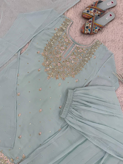 Faux Georgette Sequence Embroidery Work Designer Kurti Palazzo Dupatta Set (Ready to Wear)