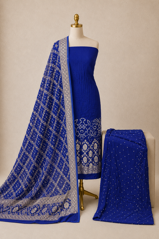 Modal Silk Golden Kasab Embroidery Work 3Pc Unstitched Bandhani Dress Material