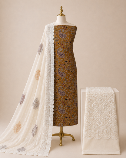 Soft Cotton Hand Blocked Ajrakh Print with Chikan Work Salwar 3Pc Unstitched Dress Material
