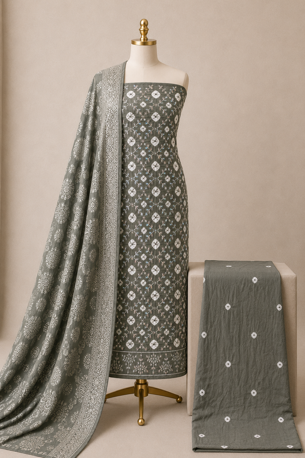 Bandhani Bandhej tie and dye dress material with thread embroidery