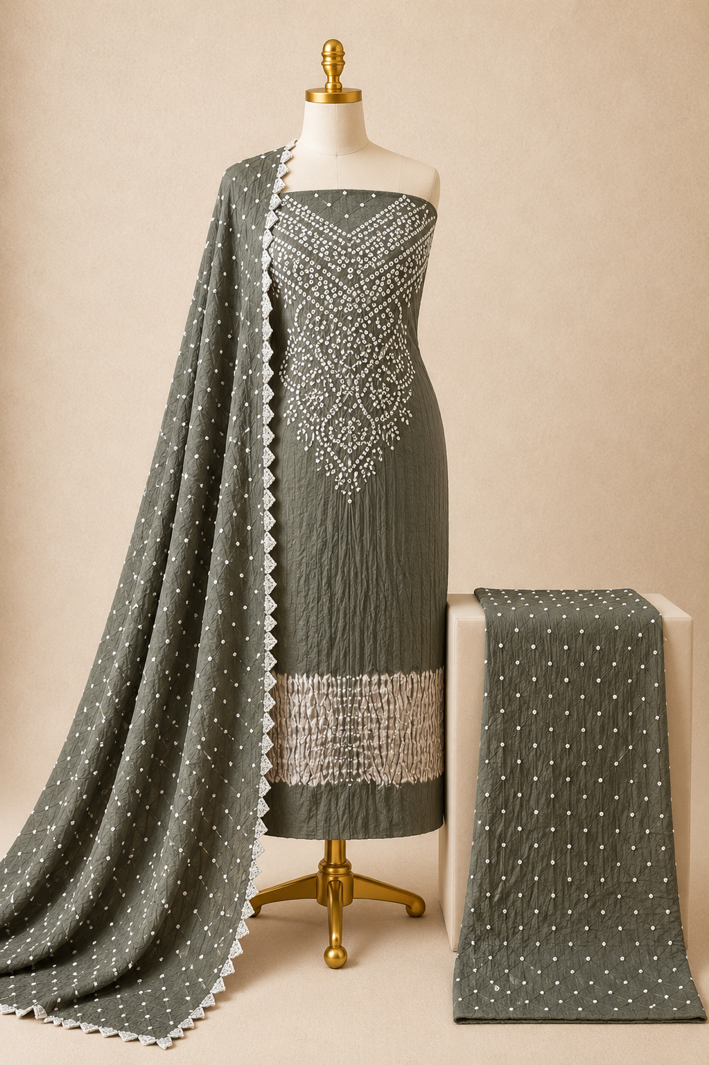 Cotton Self Color Kusum Work 3Pc Unstitched Bandhani Dress Material