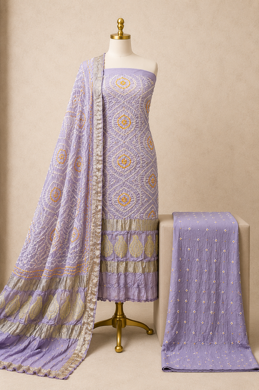 Modal Silk Nakshi Pallu Authentic Handmade Kutch 3Pc Silk Bandhani Dress Material (Unstitched)