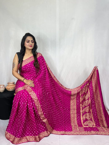 Modal Silk Authentic Hand Crafted Bandhani Saree with Nakshi Border