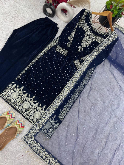 Ethenika Moti Work Designer Ready to Wear Velvet Kurti Pant Dupatta Set