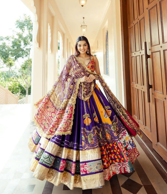 Muslin Digital Print Mirror Work Chaniya Choli for Navratri - Front View