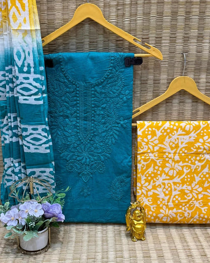 Cotton Lakhnavi Thread Work Batik Dress Material