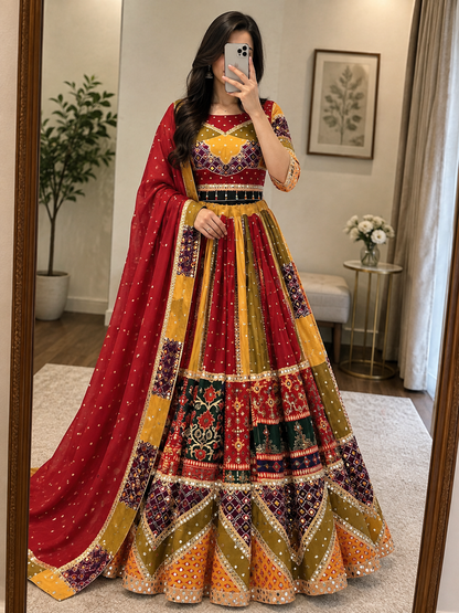 Ethenika Real Mirror Work Muslin Chaniya Choli with digital print, front view - Navratri designer wear