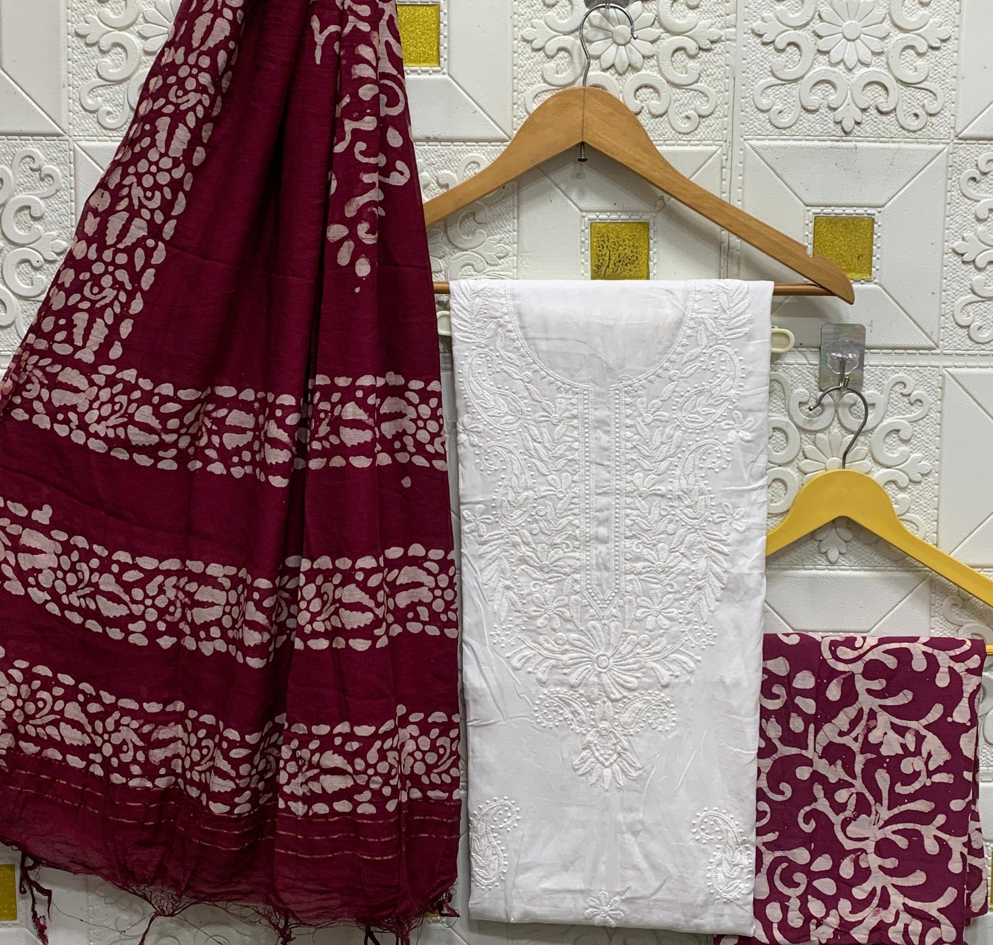 batik print dress material with chiffon dupatta Batik Cotton Dress Material Online Shopping With Price Yellow And Maroon Batik Print Cotton Suit With