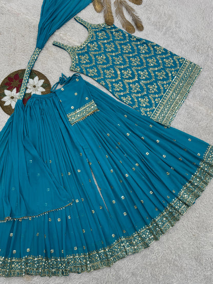 Faux Georgette Sequence Embroidery Work Sleeveless Kurti Sharara Dupatta with Bag Set(Ready to Wear)