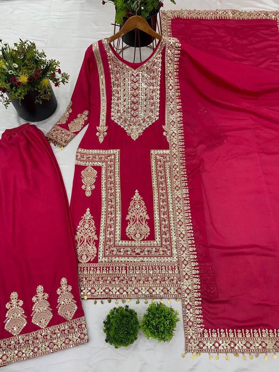 Chinon Silk Coding Dori Sequence Embroidery Work Karwa Chauth Special Designer Kurti Pant Dupatta Set (Ready to Wear)