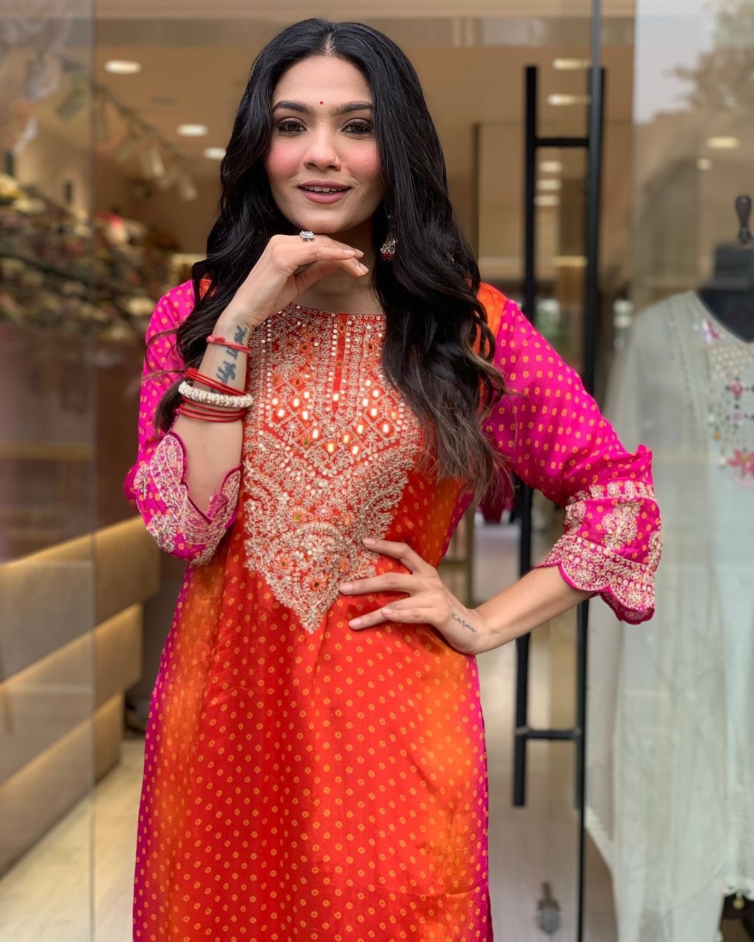 Chinon Digital Bandhani Print with Neck Thread Embroidery work Kurti Pant Dupatta Set(Stitched) - Premium  from Ethenika.com  - Just INR 2990! Shop now at Ethenika.com 