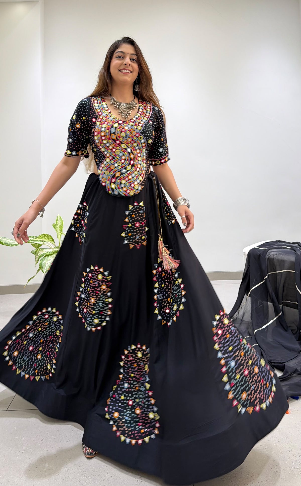 Black Rayon Mirror Work Chaniya Choli - lehenga close-up