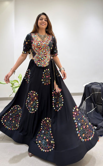 Black Rayon Mirror Work Chaniya Choli - lehenga close-up