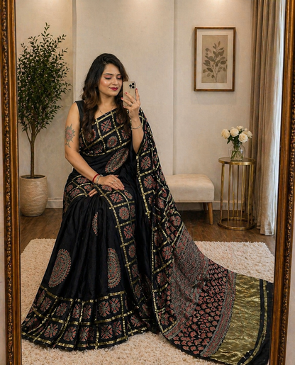 Modal Silk Golden Chex with Block Print Ajrakh Work Saree