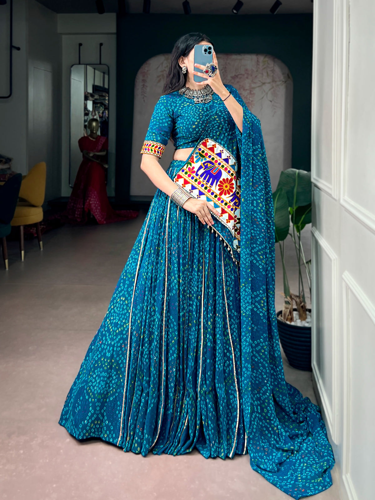 Georgette Gamthi Work Bandhani Chaniya Choli (Ready to Wear)