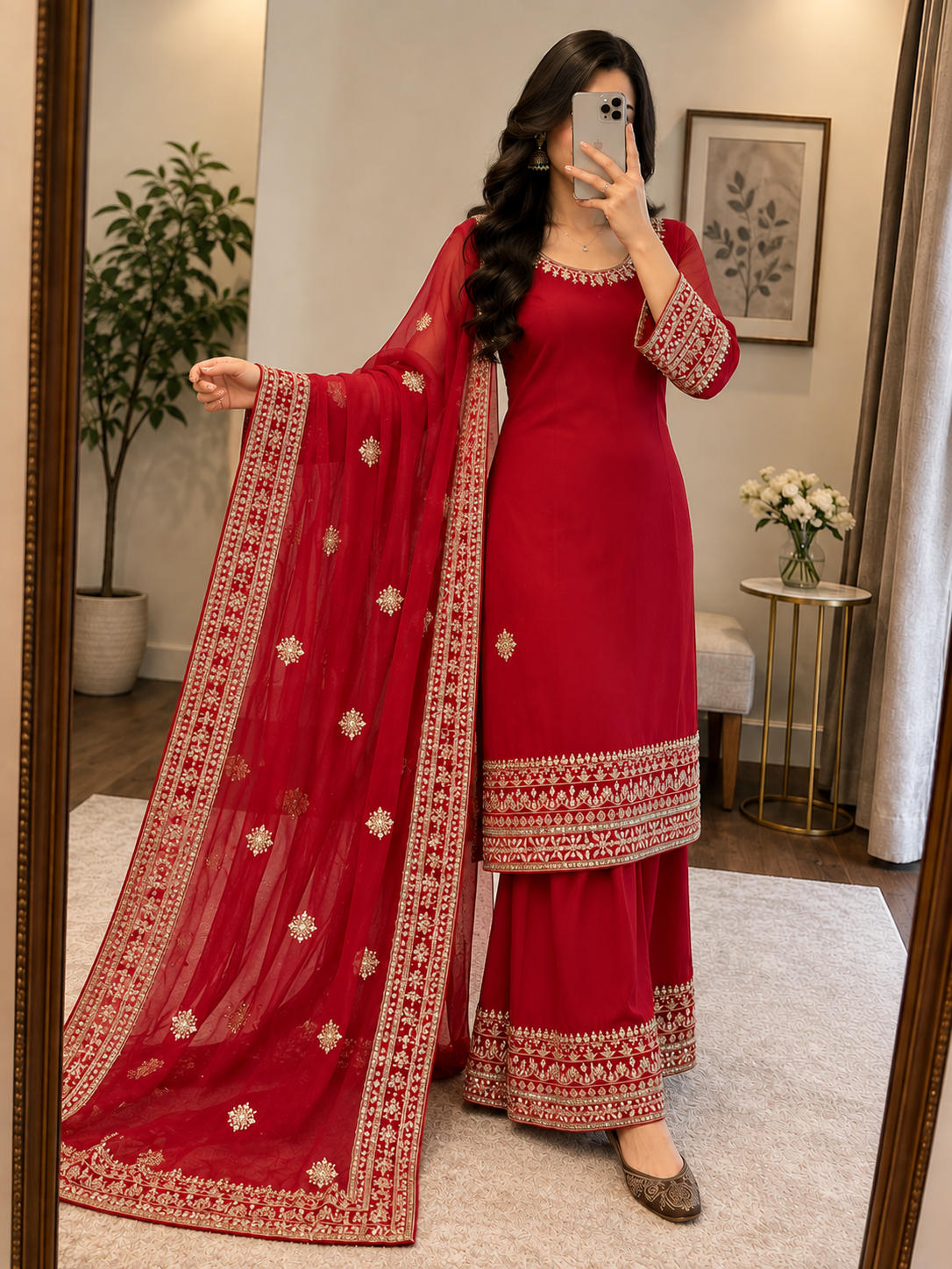 Sequence Embroidery Work Designer Kurti Palazzo Dupatta Set (Ready to Wear)