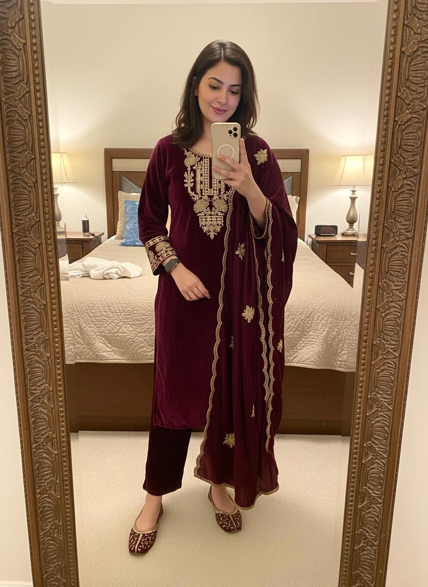 Ethenika Originals Velvet Designer Party Ready Wear Kurti Pant Dupatta Set