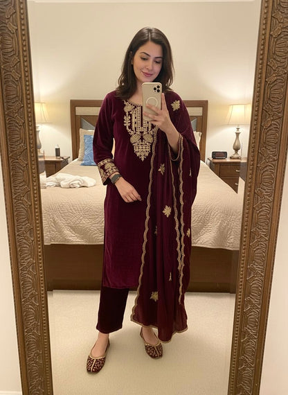 Ethenika Originals Velvet Designer Party Ready Wear Kurti Pant Dupatta Set
