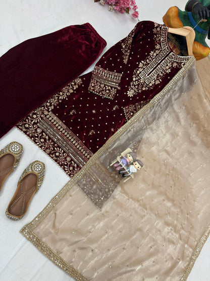 Real Moti Work with Sequence Embroidery Designer Velvet Kurti Pant Dupatta Set (Ready to Wear)