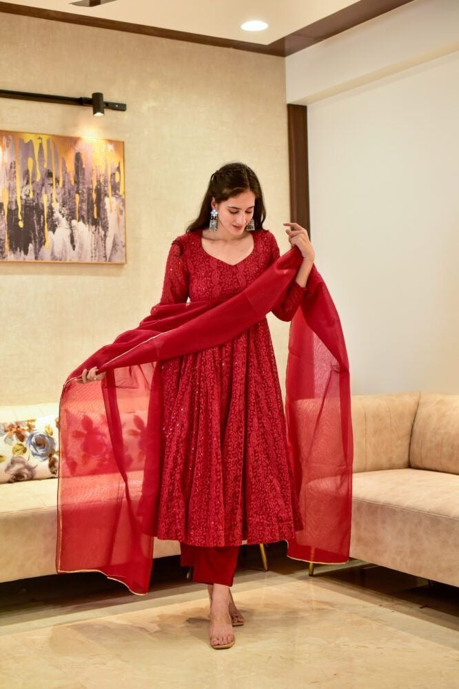 Georgette Chikankari Work Red Anarkali Dress - Premium  from Ethenika.com  - Just INR 1990! Shop now at Ethenika.com 