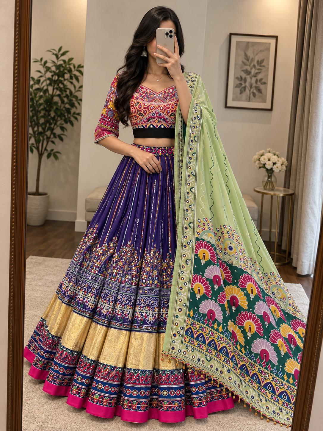 Muslin Digital Print Mirror Work Lace Chaniya Choli - front view