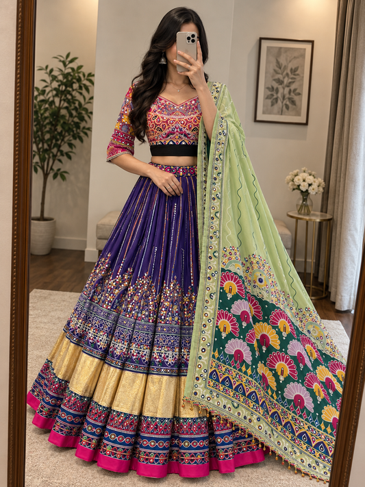 Muslin Digital Print Mirror Work Lace Chaniya Choli - front view