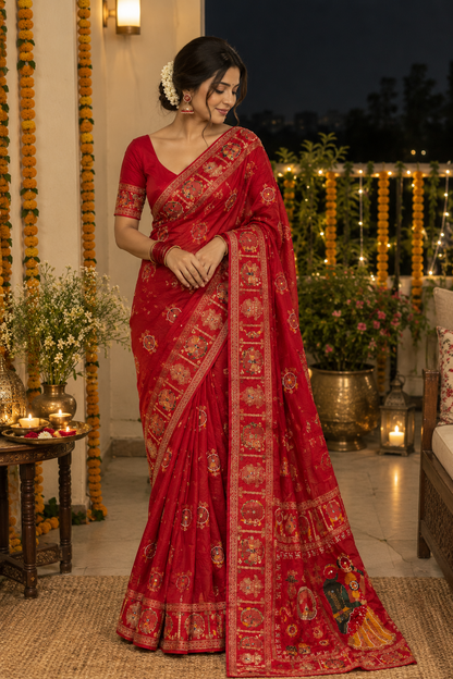 Ethenika Red Meena Saree for Karwachauth