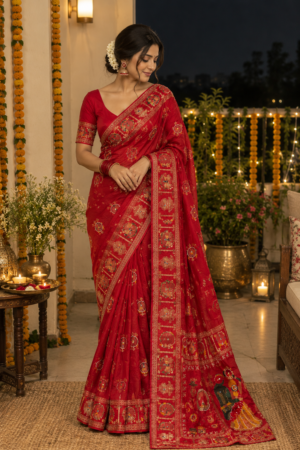 Ethenika Red Meena Saree - Pallu detail with mirror work