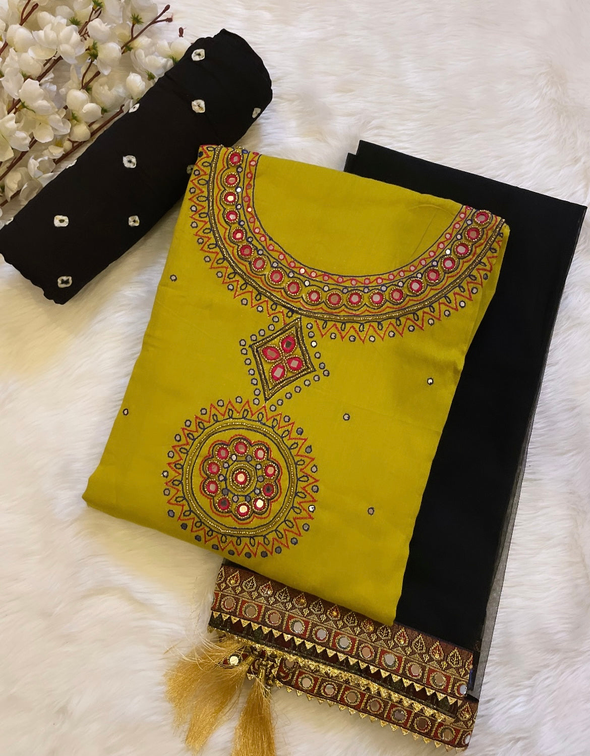 Cotton Mirror work with Thread embroidery work Bandhani Material (Unstitched) - Premium  from Ethenika.com  - Just INR 1990! Shop now at Ethenika.com 