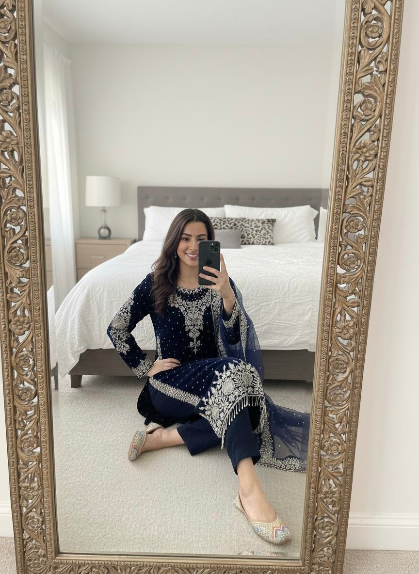 Ethenika Moti Work Designer Ready to Wear Velvet Kurti Pant Dupatta Set