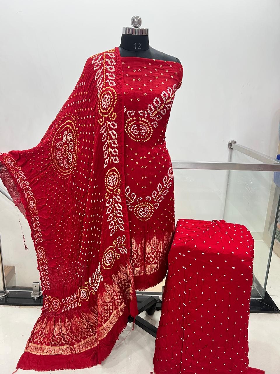 Modal Silk Original Jamnagar Hand Crafted Bandhej Work Bandhani Dress Material (Unstitched)