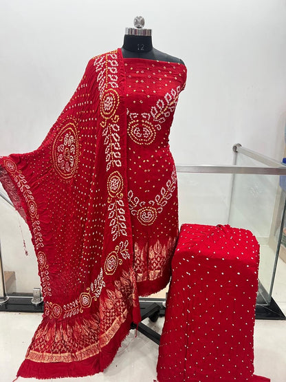 Modal Silk Original Jamnagar Hand Crafted Bandhej Work Bandhani Dress Material (Unstitched)