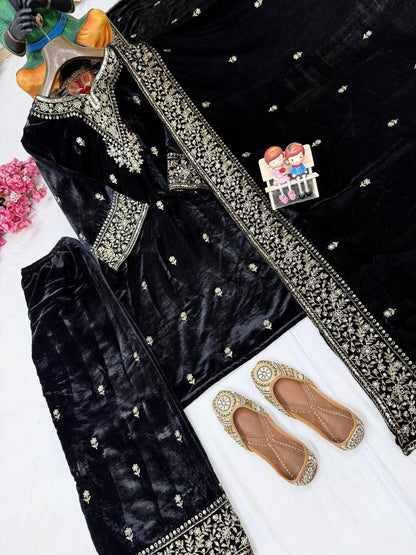 Ethenika Premium Designer Embroidery Work Velvet Kurti Pant Dupatta Set (Ready to Wear)