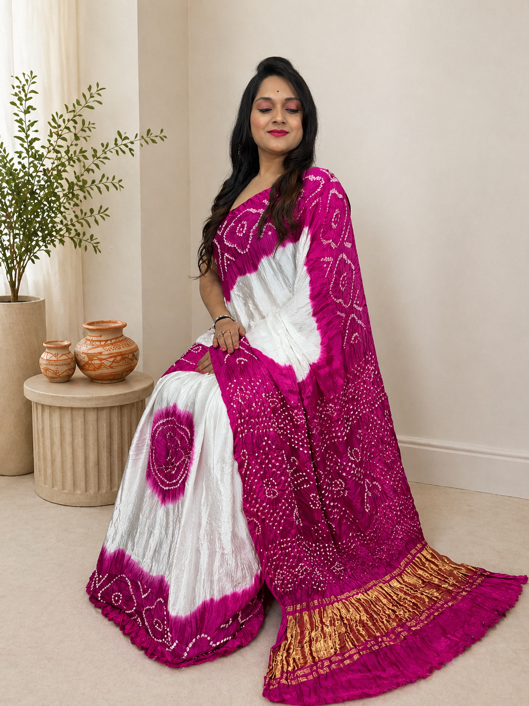 Modal Silk White Concept Silk Bandhani Saree